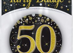 OakTree 3″ Badge 50th Birthday Sparkling Fizz Black Gold Holographic